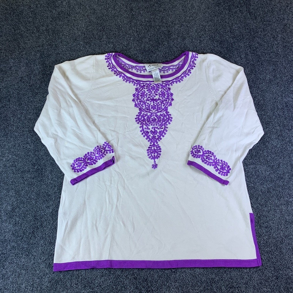 Linea By Louis Dell'Olio Sweater Womens Large White Purple Floral Embroidered